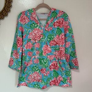 Barbara Gerwit Vintage French Terry Hoodie Top, Blue & Pink Floral, Sm
